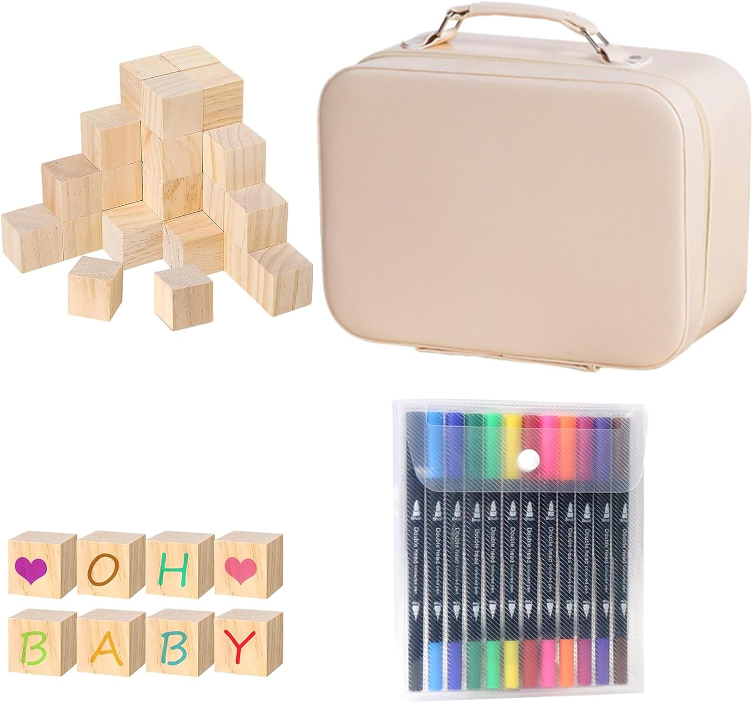 SnowTing Baby Shower Blocks Kit – 40 Wooden Blocks, 1 PU Storage Box & 12-Color Double-Headed Acrylic Watercolor Pen, Unique & Fun Decorative Blocks for Baby Shower Gender Reveal Activity Party Décor