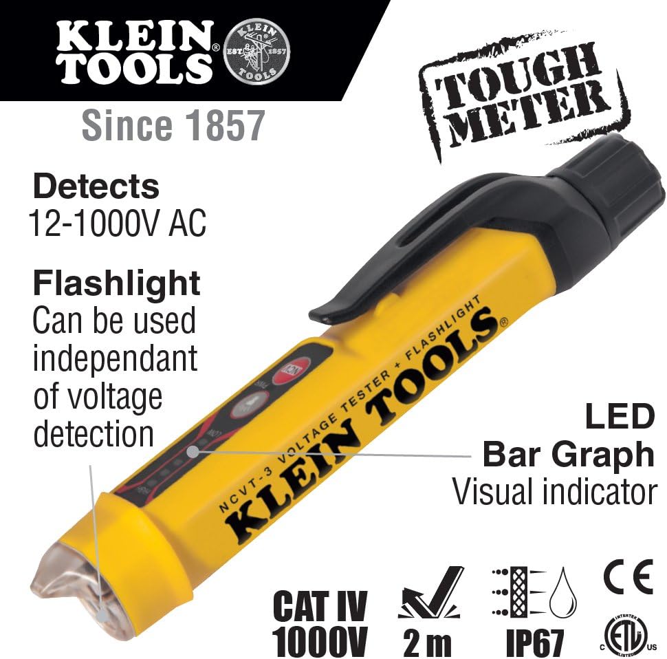 Klein Tools NCVT-3 Voltage Tester, Non-Contact Dual Range Voltage Tester Pen for AC Testing, with Integrated Flashlight