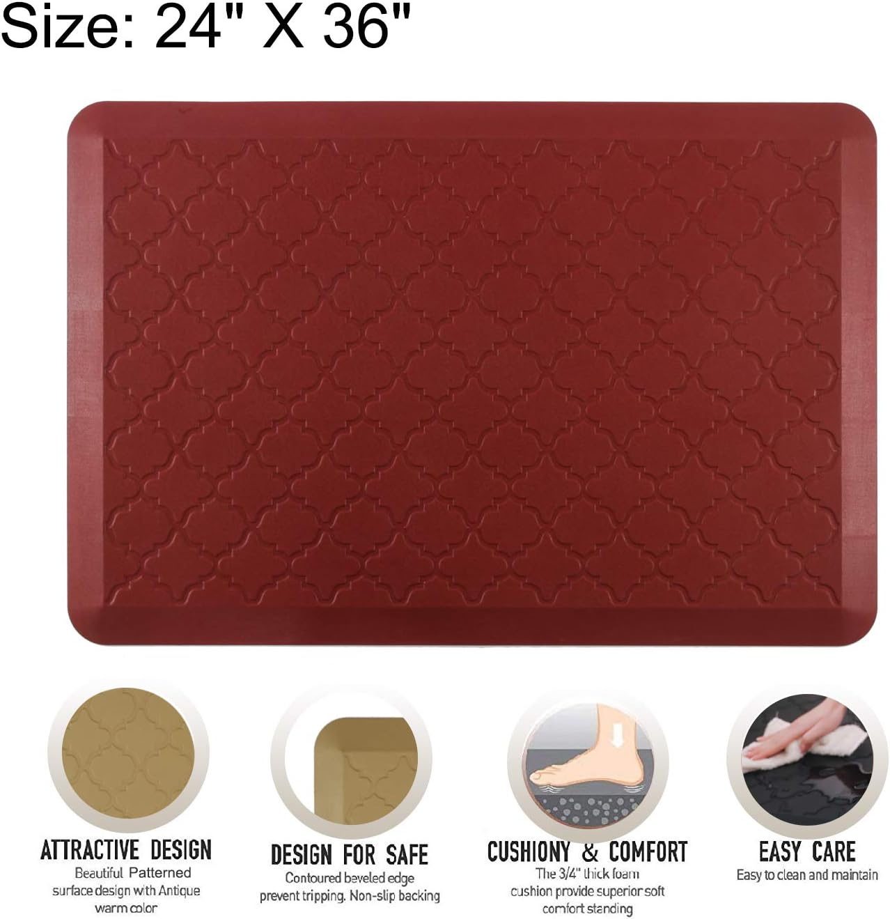 Anti-Fatigue PU Comfort Mat for Kitchen & Office Ergonomically Engineered Pad Cushioned Standing Desk Mats Floor Rugs 36 x 24 inch,Burgundy
