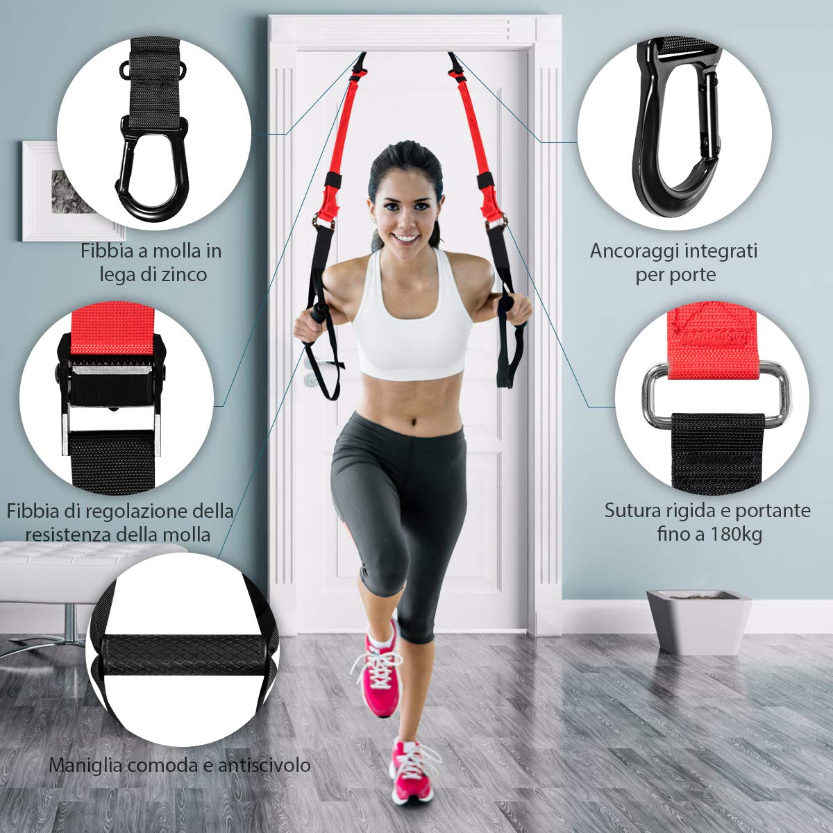 COSTWAY Cinghie per Allenamento Sospensione, Set di Allenamento con Sistema di Ancoraggio per Porta e Borsa, Lunghezza Regolabile 145 cm - 200 cm, Portata 180 kg