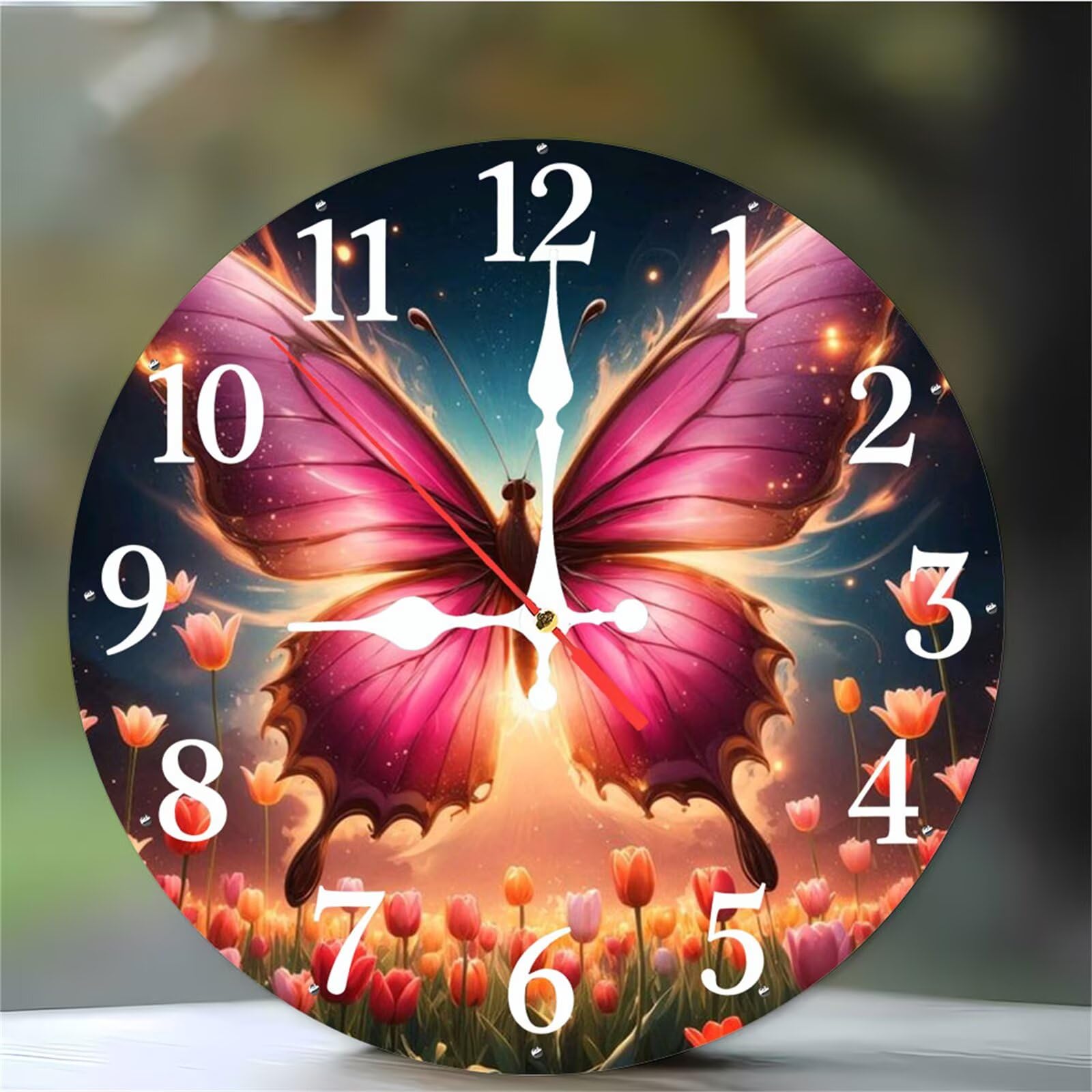 Horloge murale silencieuse à quartz de 30 cm avec motif tulipe rose pour chambre