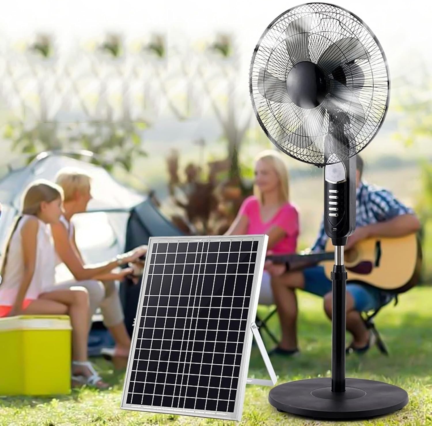 Solar Floor Fan - with Solar Panel, Charging Camping Fan, 5 Blades Large Wind Power & 3 Wind Speed Adjustments, Quiet(Blue)