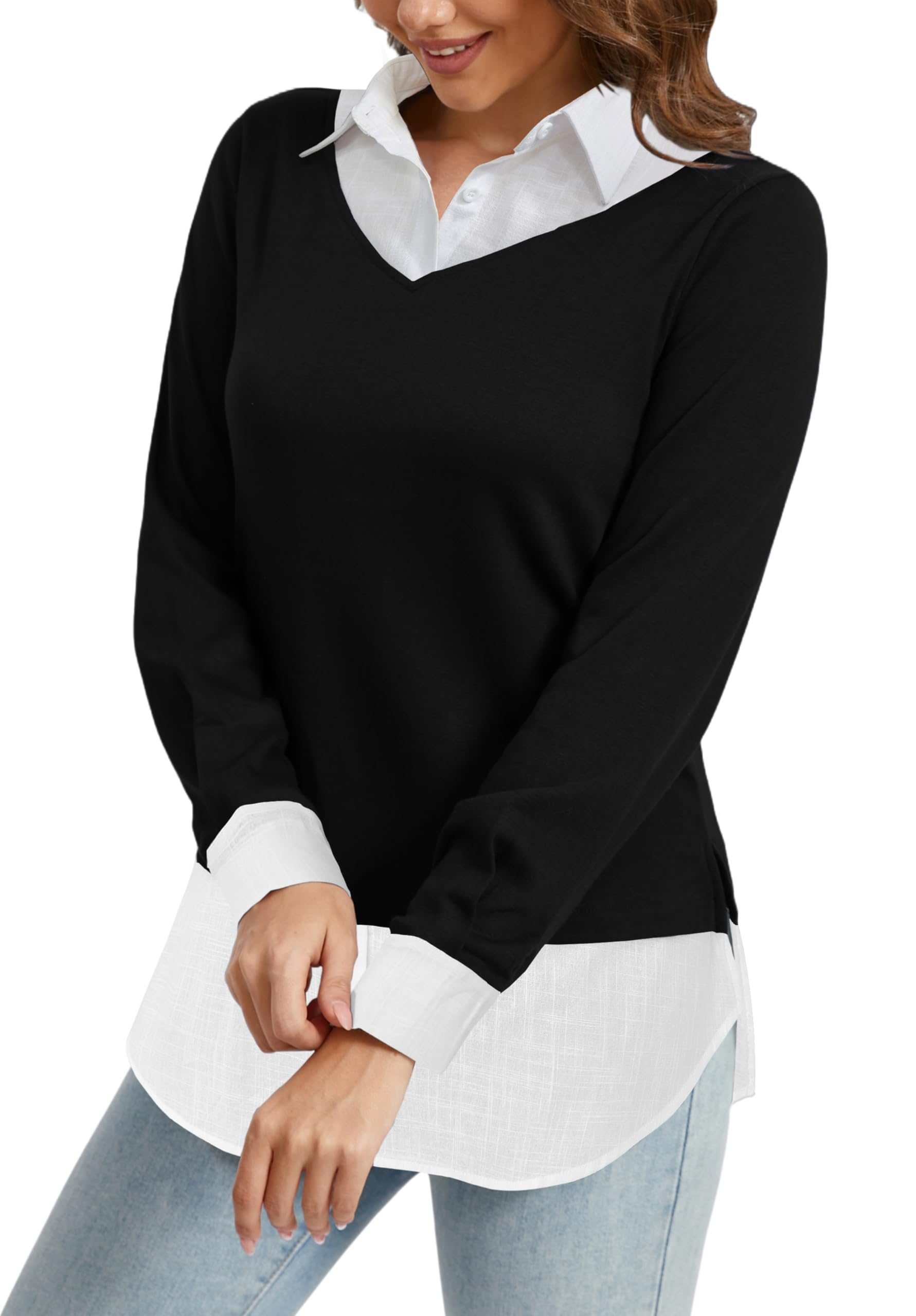 Oyamiki Maglia a maniche lunghe da donna in cotone con colletto camicia, blocco di colore, scollo a V, casual, elegante, per autunno e inverno