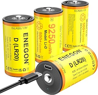 ENEGON 4 個入り単 1 形充電式電池セット9250mWh 充電式リチウムイオン単 1 形電池｜電圧 1.5V LR20 規格｜USB-C ケーブル付属｜キャンプライト・ラジオなど各種機器に対応
