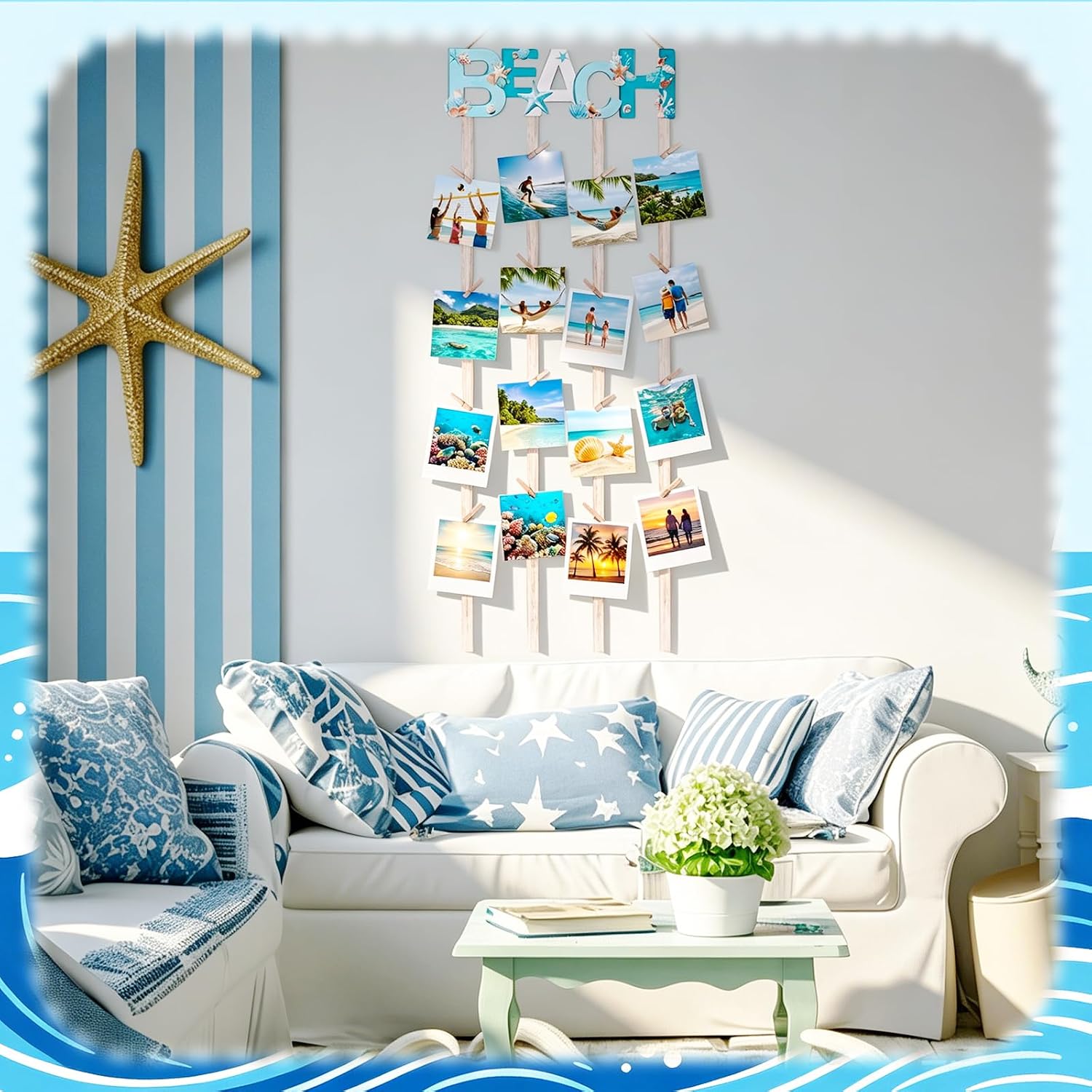 Honoson Beach Hanging Photo Display Holder with 30 Clips (10 Shell Clips), Coastal Picture Frames Collage Wooden Frames Picture Organizer for Home Decor Collage Display Postcards Holiday Cards image 3