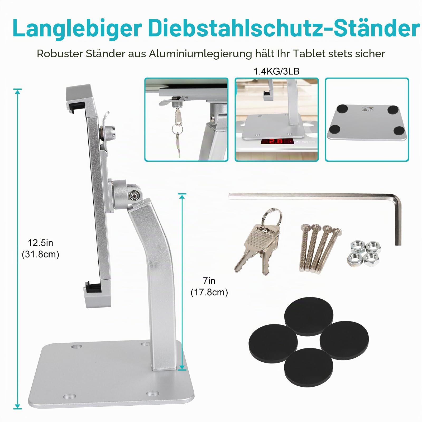 GDZN Anti Diebstahl Tablet Halterung Tisch, [Schwerlast] iPad Kiosk Ständer mit Schloss und Schlüssel, Aluminium Sicherheitsschloss Halter für iPad Pro, Air, Galaxy Tab, Surface, 7-11" Tablet