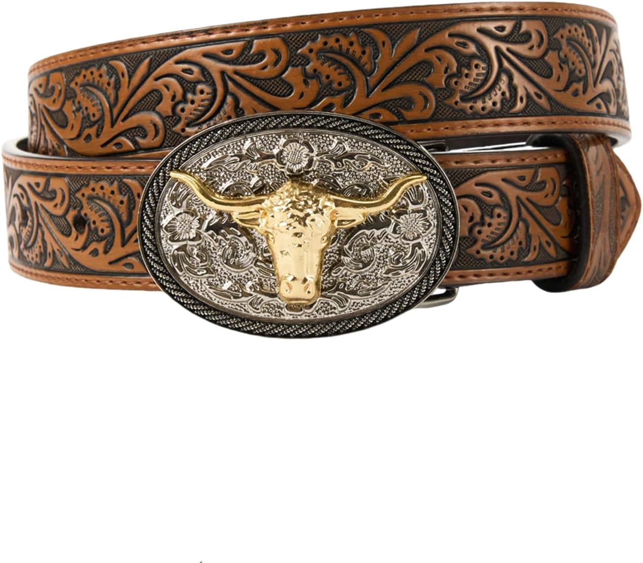Western Belt–Adjustable Embossed Leather Belt with Longhorn Bull Buckle Brown 85cm/33.5"