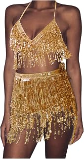 Belly Dance Skirt with Crop Top Sequins Fringe Skirt Set Rave Dance Bra Top Party Costume Outfits for Women and Girls