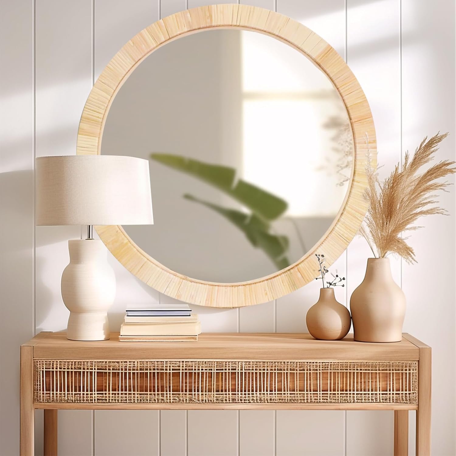 Rattan Mirror,Round Boho Bathroom Mirror for Wall,18" Circle Wicker Vanity Mirror for Nursery Décor,Coastal Farmhouse Wood Mirror for Bedroom Entryway Living Room 18"L x 18"W Nature Round