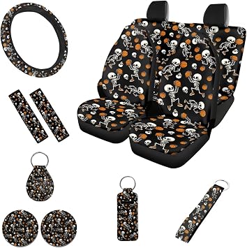 Cartoon Skull Basketball Black Car Seat Covers Full Set for Automobile Front Rear Seat Steering Wheel Cover Belt Pad Coaster Keychain Interior Decoration for Trucks Vans Suvs, 12 Pcs