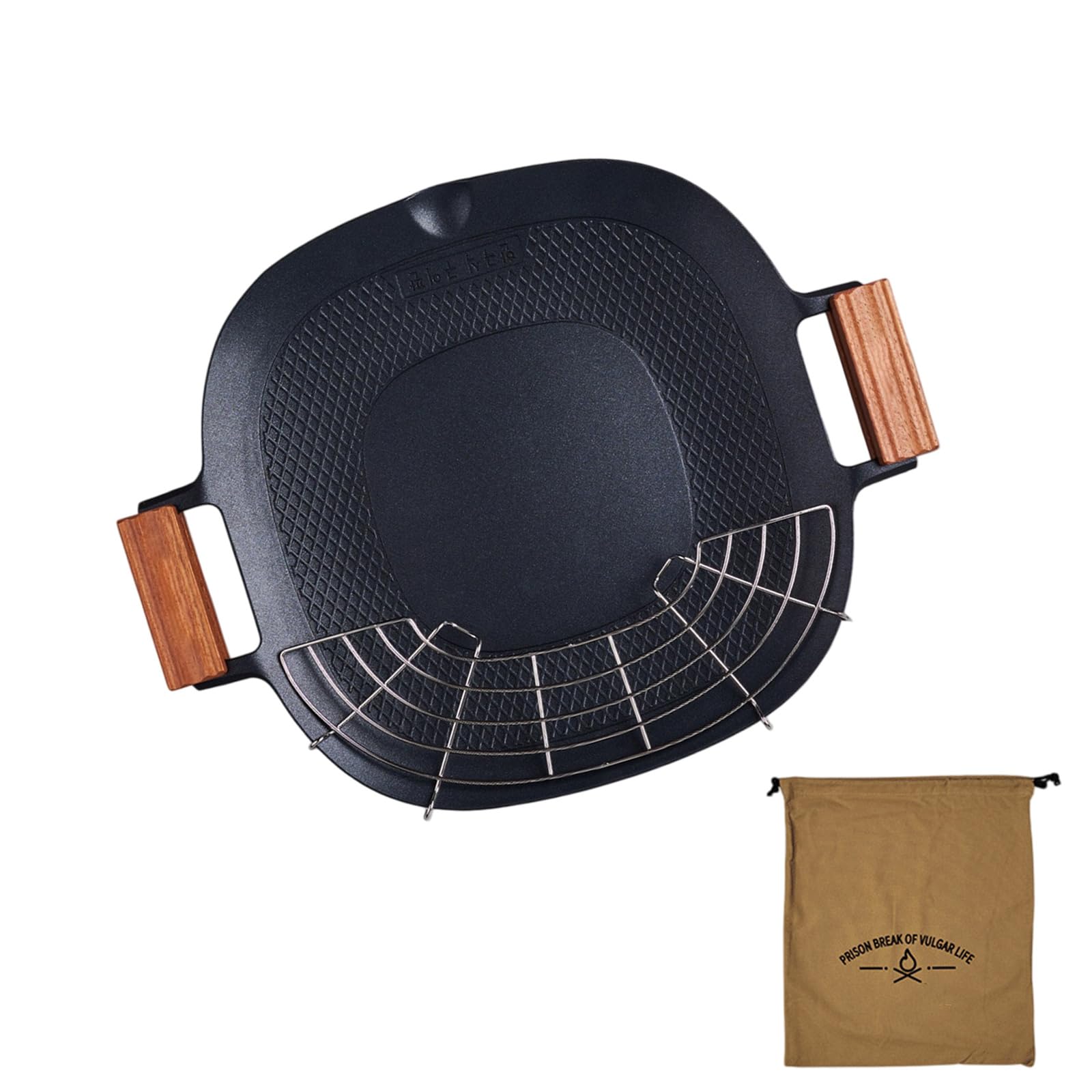 Qisuw Multifunctional Nonstick Grills Pan with Wooden Handle for Outdoor Baking Use Double Coal Outdoor Barbecue Pan