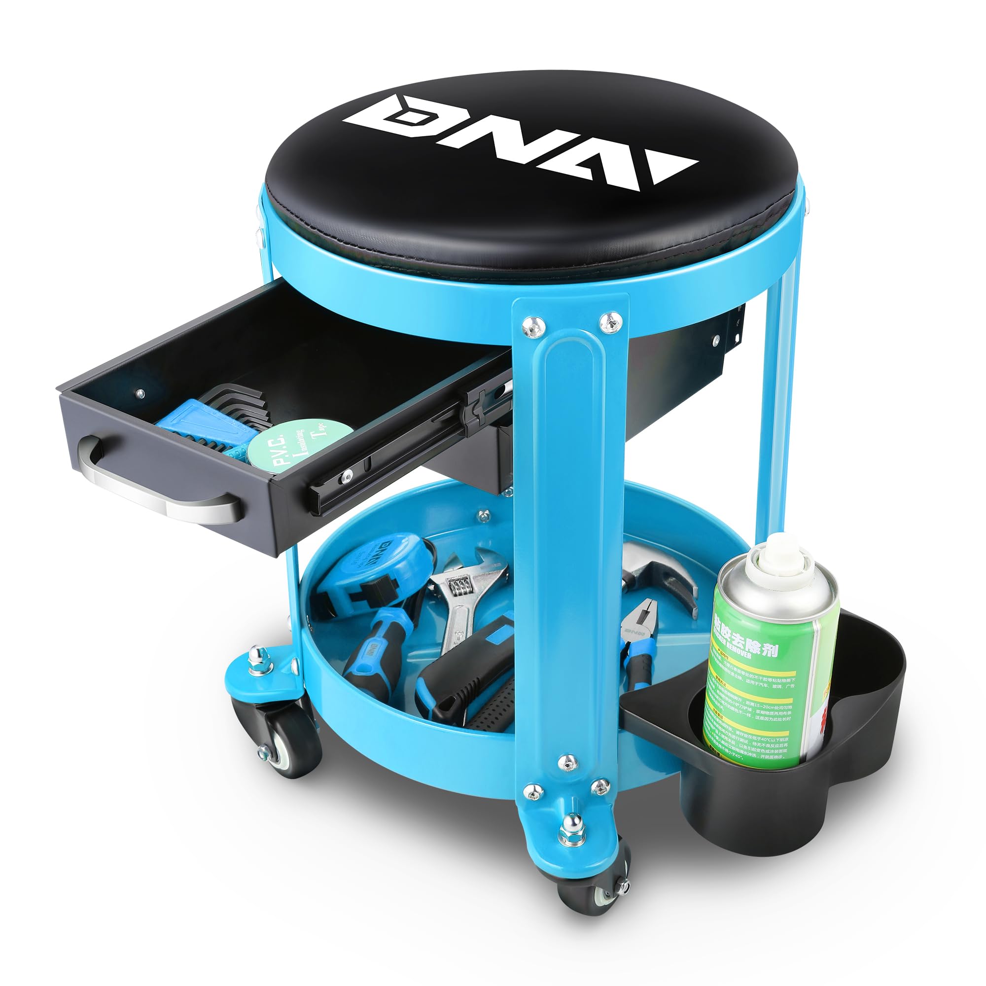 DNA MOTORINGRound Mechanics Roller Seat Creeper Stool With Padded Cushion, Tool Storage Drawer & Tray, 300 Lbs Max Weight Capacity, Blue, TOOLS-00492