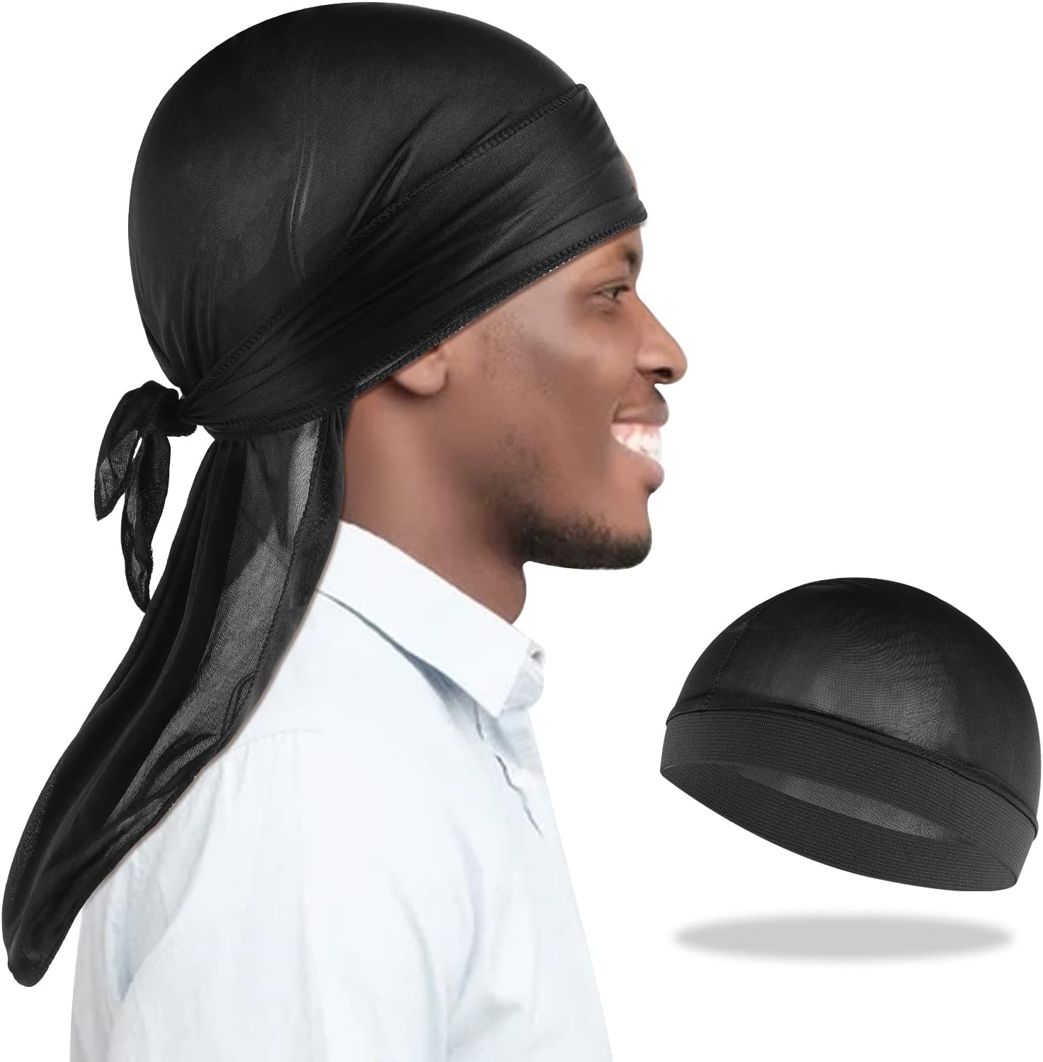 Molain Men 1Pcs Silk Wave Cap and 1Pcs Silky Durag Caps with Long Tail Headwraps Elastic Durags Soft Breathable Silky Stocking Wave Hair Cap Perfect for 360/720 Waves Black