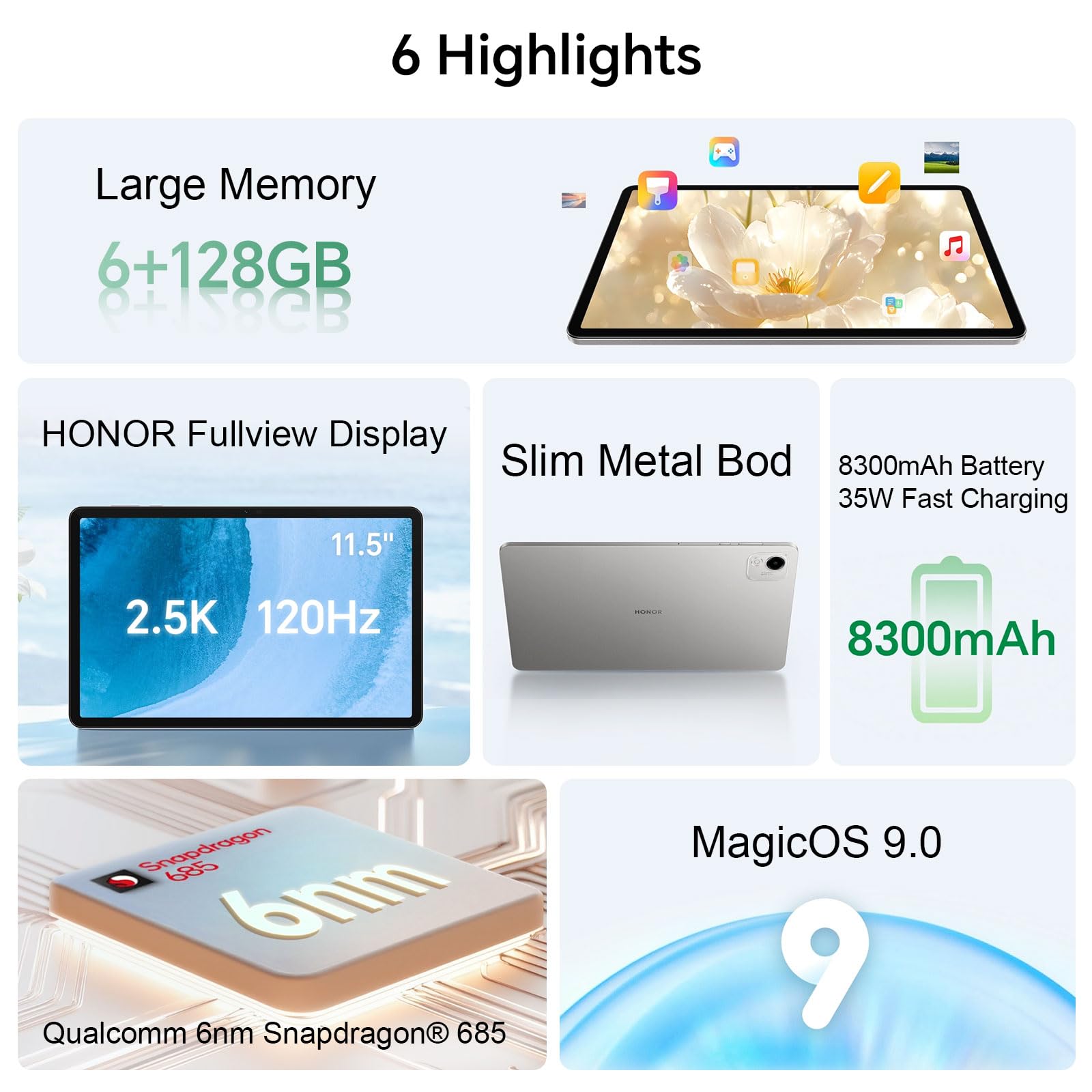 HONOR Pad X9A Tablet, 11.5" 120Hz Display, 6GB 128GB, Batteria 8300mAh, Qualcomm Snapdragon 685 a 6nm, Android 15, Quattro Altoparlanti, Progettazione Metallica, WiFi, Grigio