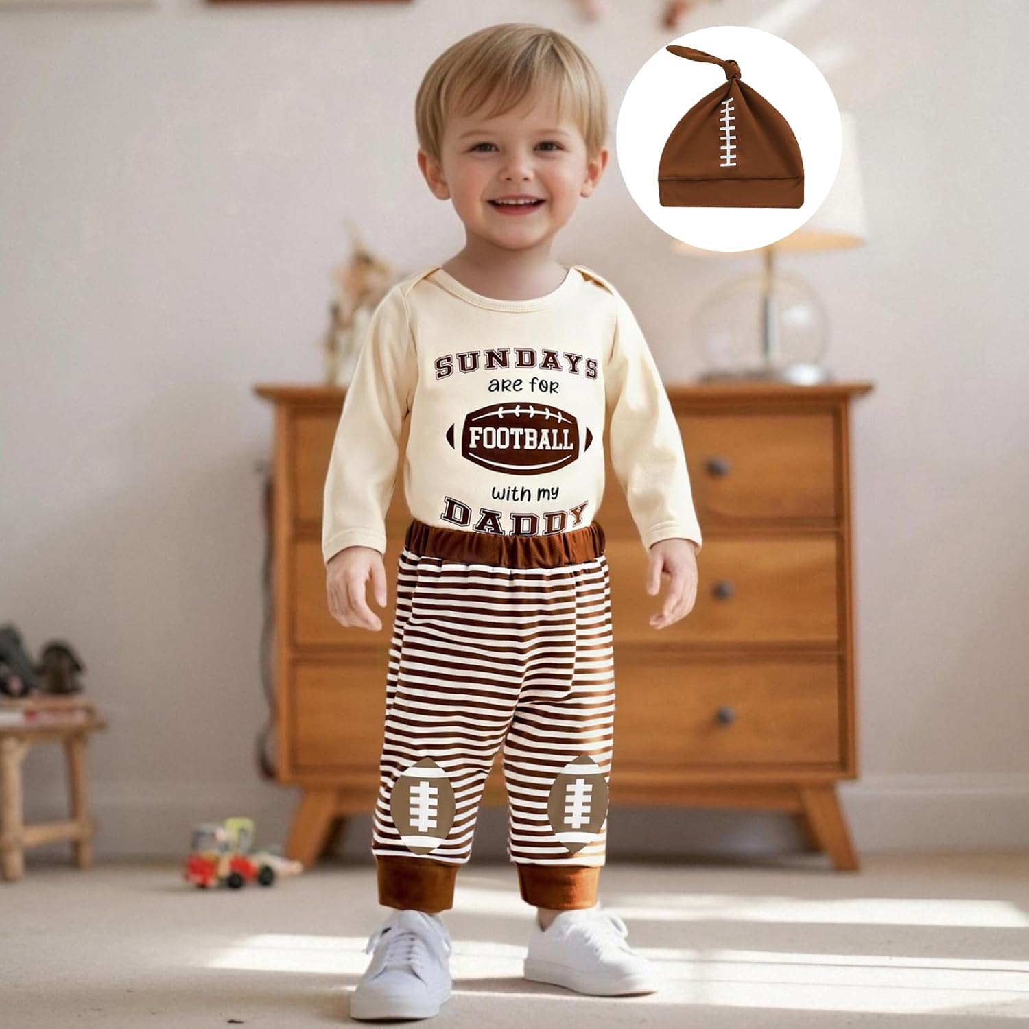 Newborn Baby Boy Football Outfit Letter Print Long Sleeve Football Romper Stripe Long Pants Hat Fall Winter Clothes - Image 2