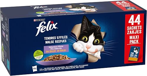 FELIX Tendres Effilés Aliment humide pour chats adultes Sélection Mixte Emballage économique, 44 sachets faciles à servir, Morceaux tendres en gelée, 4 délicieuses saveurs, Aliment complet - 3