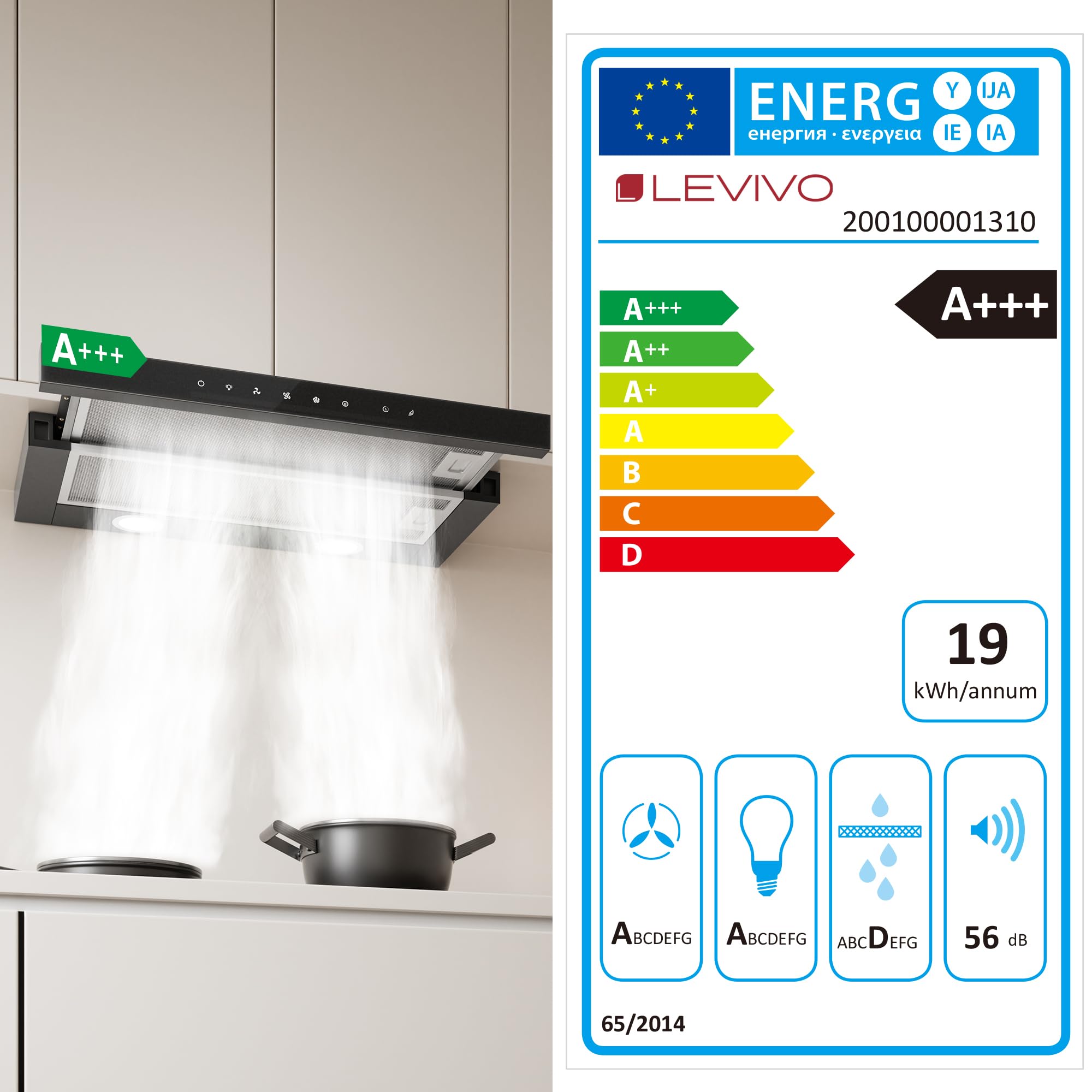 LEVIVO Dunstabzugshaube 60cm Unterbau Umluft Abluft 750 m³/h Flachschirmhaube 3 Stufen LED-Licht Ausziehbar Schwarz