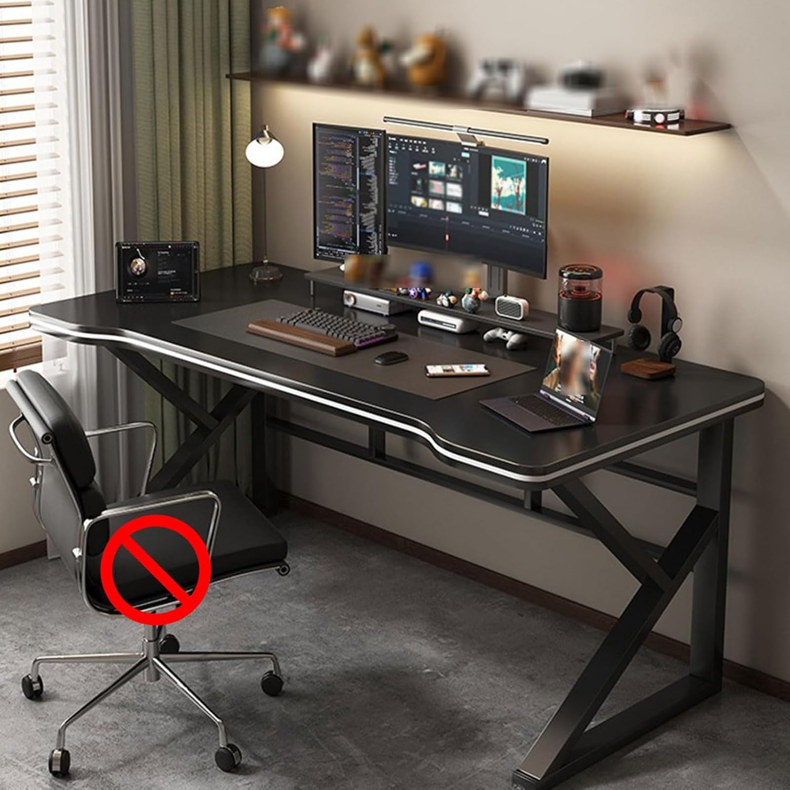 SXZenSpace Computer Desk, Gaming Modern Writing K-Shaped Metal Legs, Workstation Desk with Raised Shelf, Suitable for Home Office, etc Black,120cm