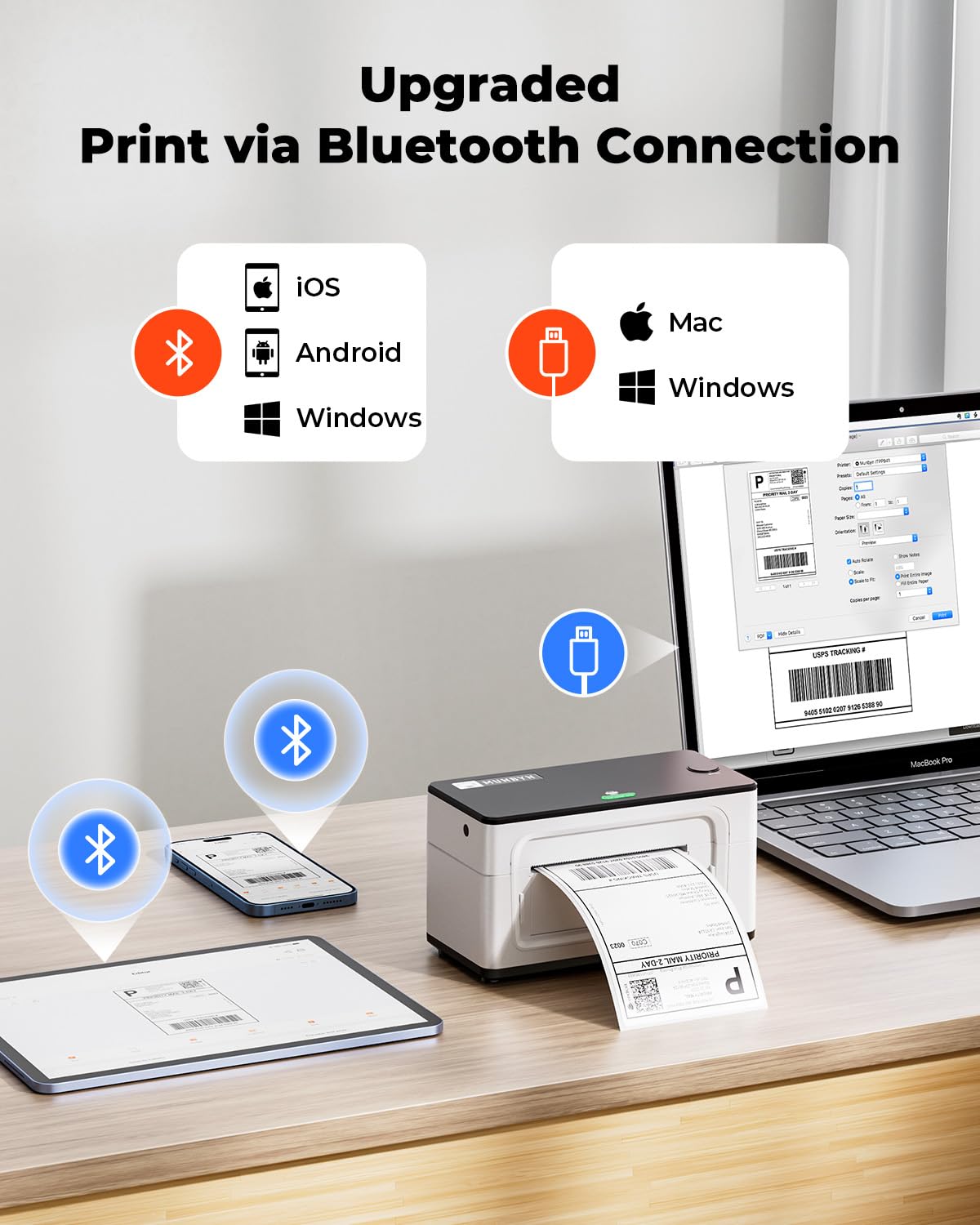 MUNBYN Etikettendrucker DHL 300 DPI Bluetooth, Labeldrucker 4XL Etikettendrucker Label Printer Thermo-Versandetikettendrucker Desktop für Shopify DPD DHL UPS, 941BP, Weiß
