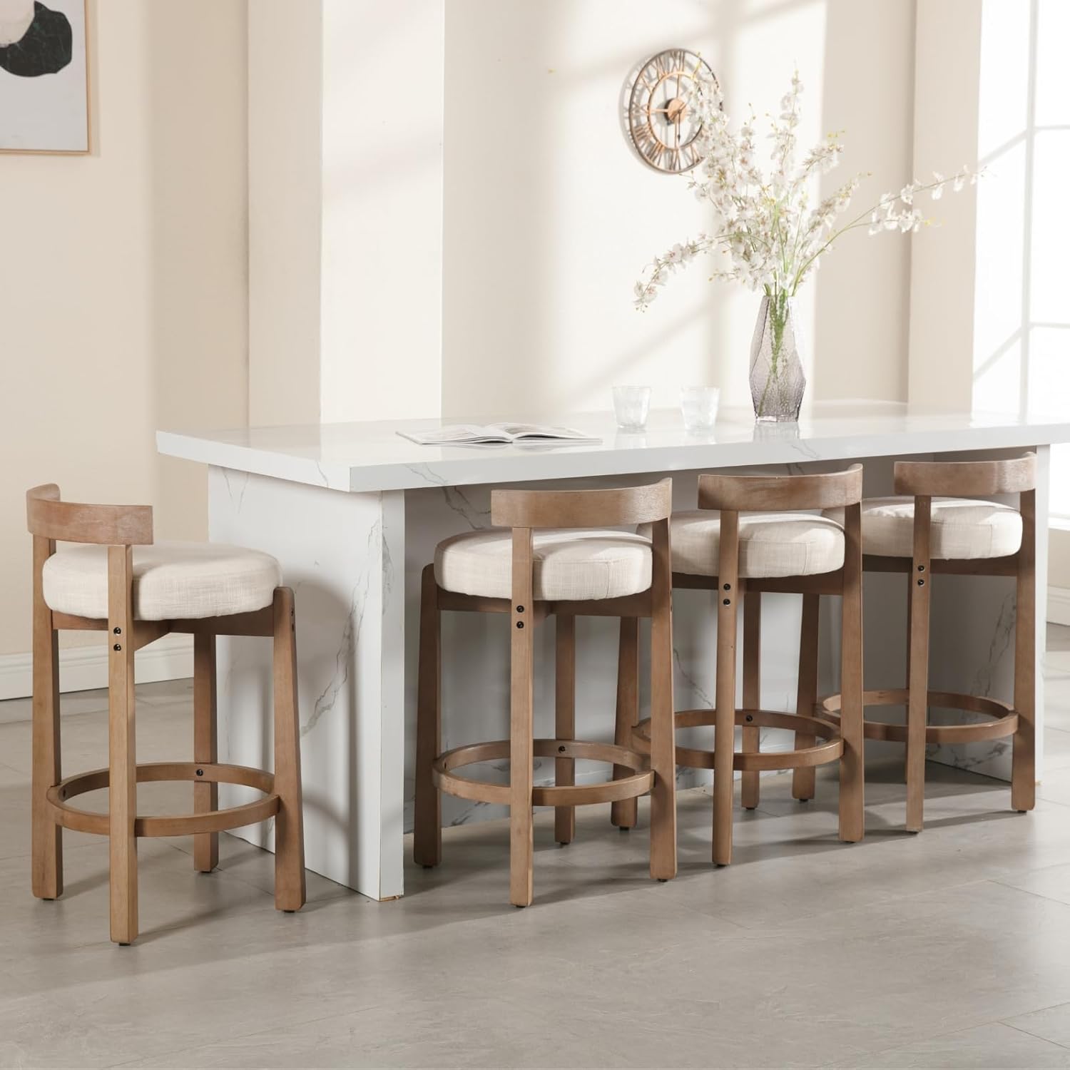 HEAH-YO Mid Century Modern Bar Stools Set of 4, 26.5" Counter Stools with Back, Linen Upholstered Barstools with Solid Wood Legs Bar Chairs for Kitchen Island Dining Room, Beige Linen Beige; Natural Set of 4