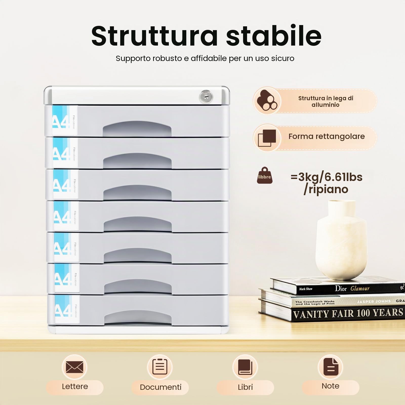 Cassettiera a 7 scomparti, robusta per ufficio, cassetti in metallo, con barra per scrivere e serratura di sicurezza, per riporre documenti e utensili in formato A4
