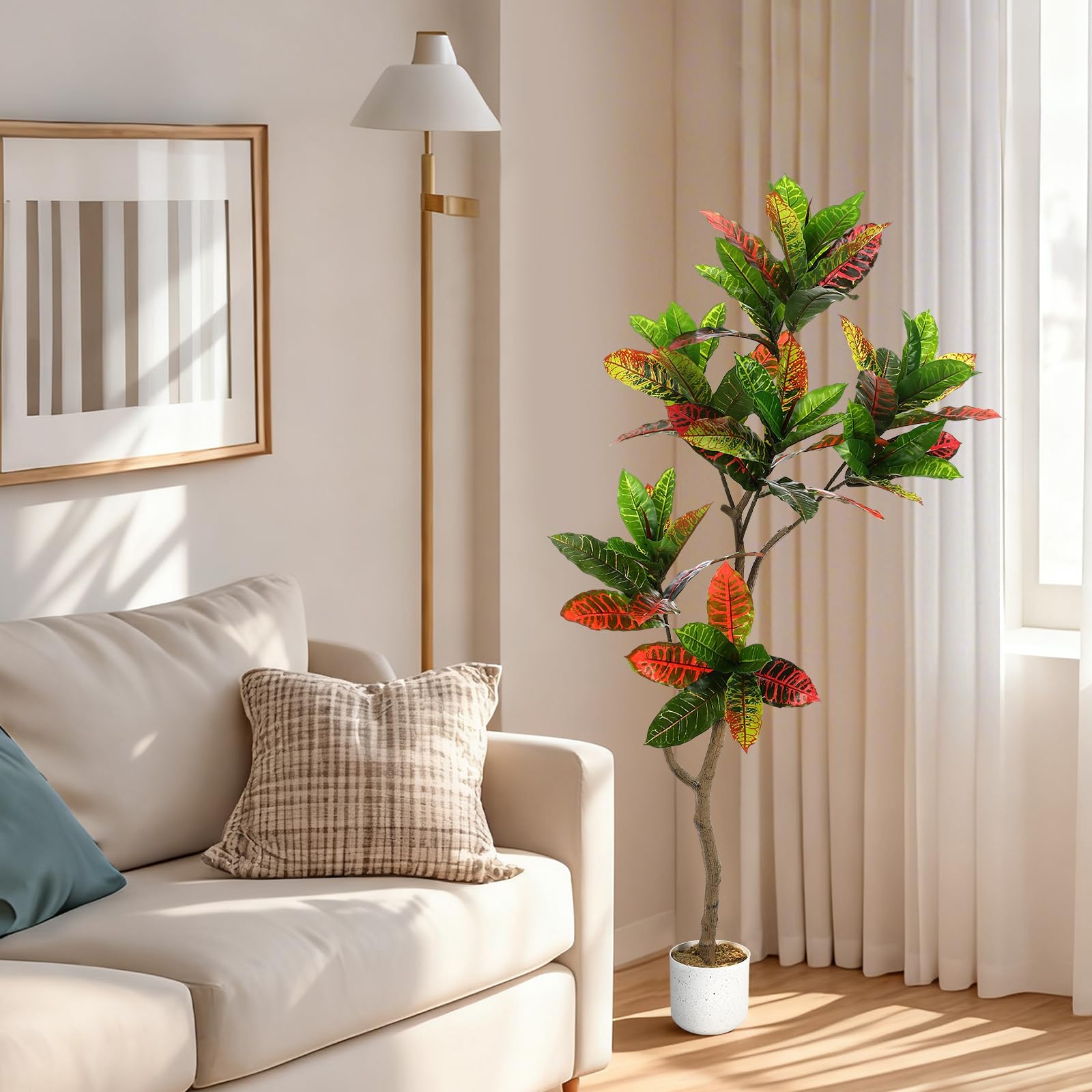 Litake Realistische Kunstpflanze Fiddle-Leaf-Feigenbaum – Naturstamm, pflegeleicht, lebensechte PEVA-Blätter – Dekoration für Wohnzimmer, Büro, Flur – 150 cm – Golden Banyan