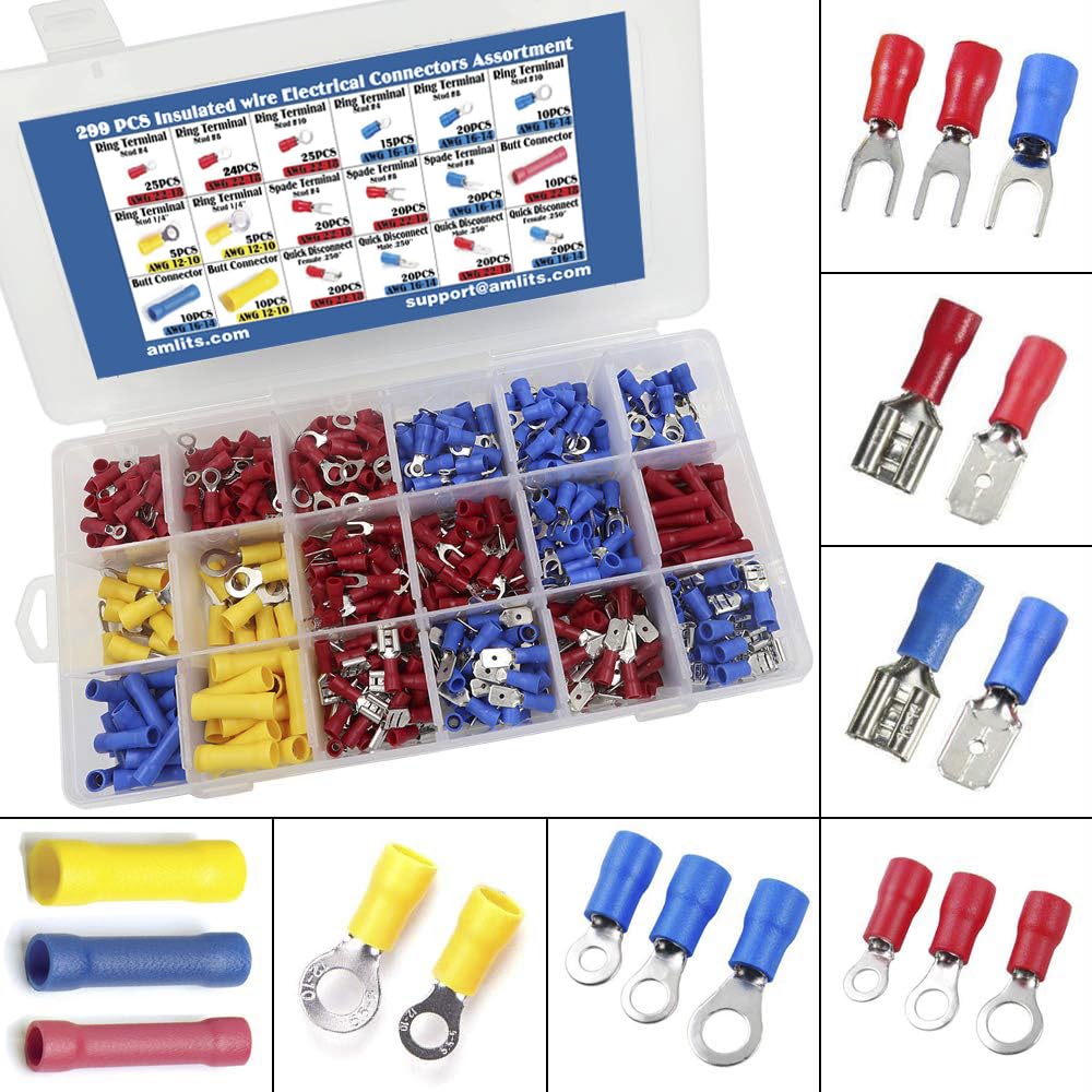 Amlits299 PCS Insulated Wire Electrical Connectors - Butt, Ring, Spade, Quick Disconnect - Crimp Terminals Connectors Assortment Kit