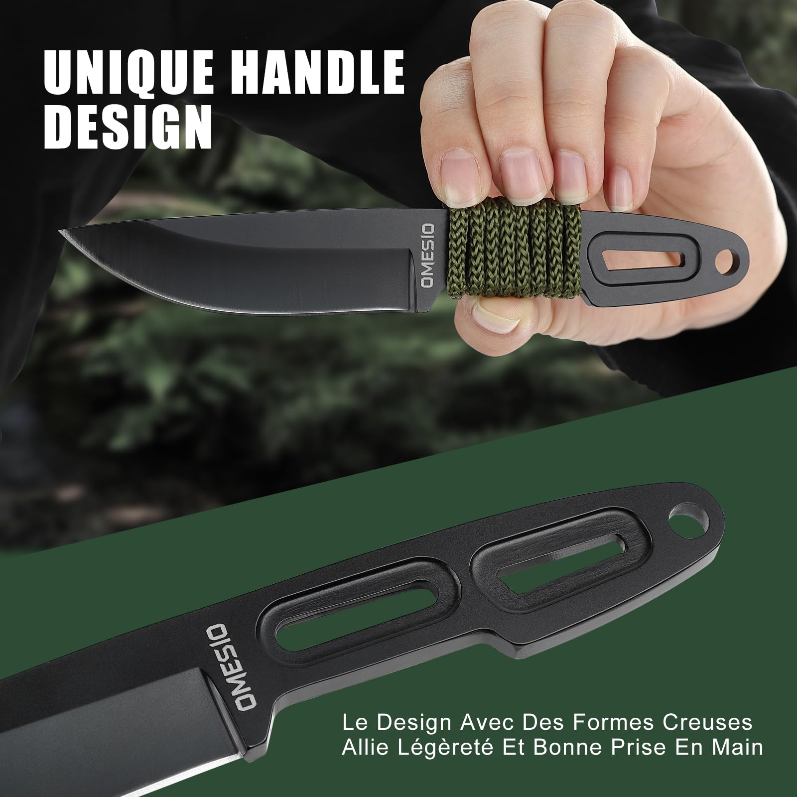 Omesio Pequeño Tanto Cuchillo de Hoja Fija con Vaina, 3.14» 5Cr13MoV Hoja de Acero Horizontal, Negro Full Tang EDC Cuchillo con Cordón para Camping al Aire Libre Senderismo para Hombres Mujeres