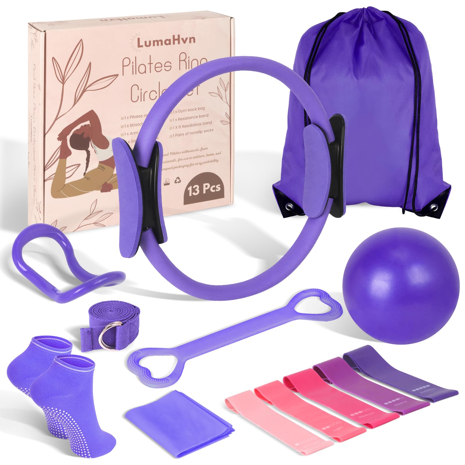 HGKZJSL Pilates Ring Essentials Kit for Women, Home Workout Equipment Set with 9.8” Ball, Resistance Bands, Magic Circle, Accessories, Pilates Set for Beginners, Toning, Fitness Gift Idea (Purple)
