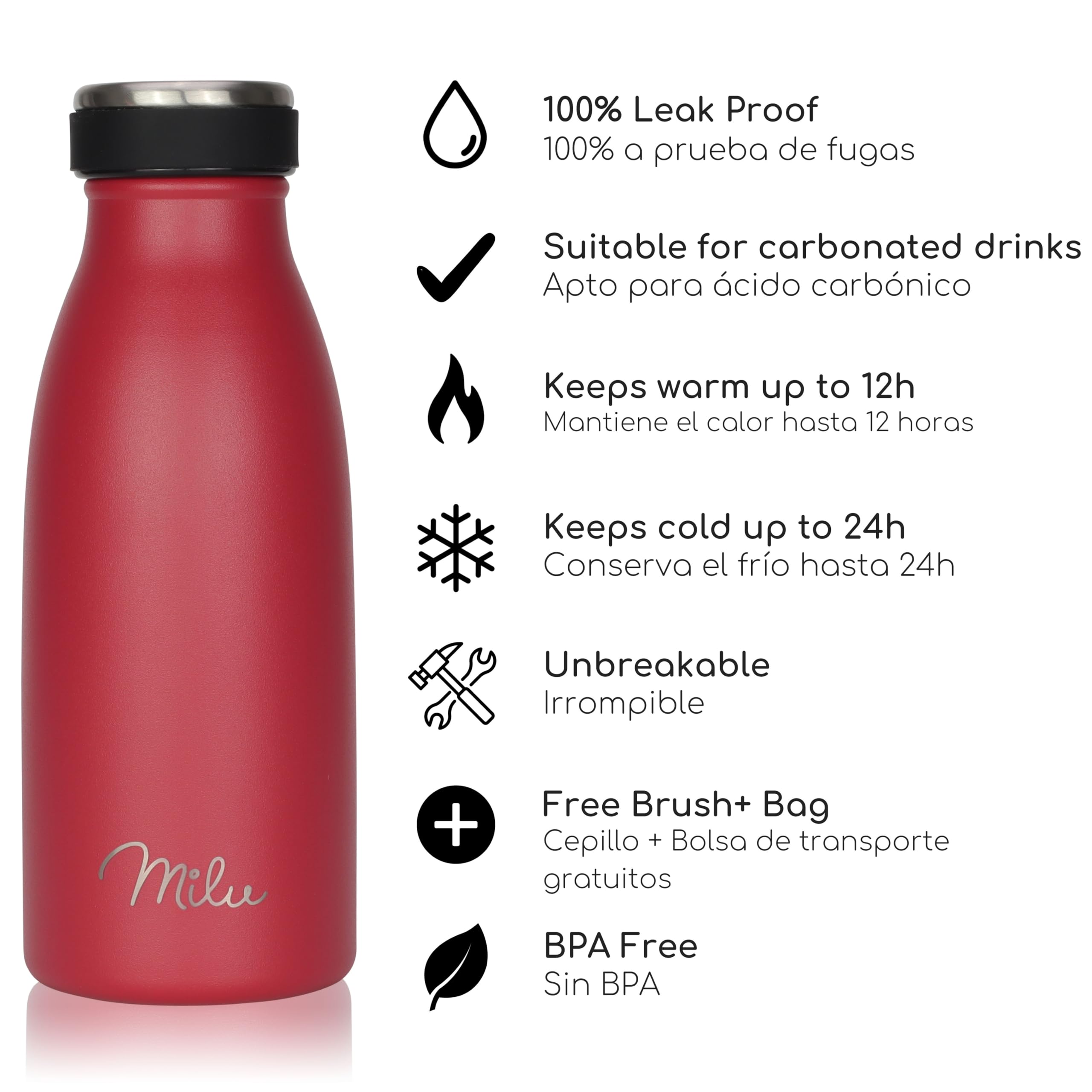 Milu Botella de acero inoxidable de 350ml 500ml 750 ml 1 L 1,5 L botella de agua aislada, termo a prueba de fugas, doble pared, apta para ácido carbónico + cepillo de limpieza (Azul Violeta, 350ml) — view 169