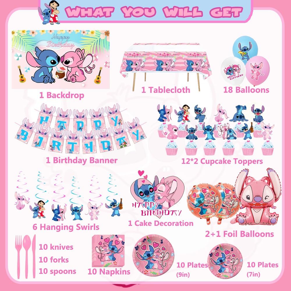 Pink Cartoon Theme Birthday Party Supplies Decorations, Including Birthday Banner, Tablecloth, Backdrop, Hanging Swirls, Balloons, Cake Toppers, Plates, Forks, Spoons for Cute Party