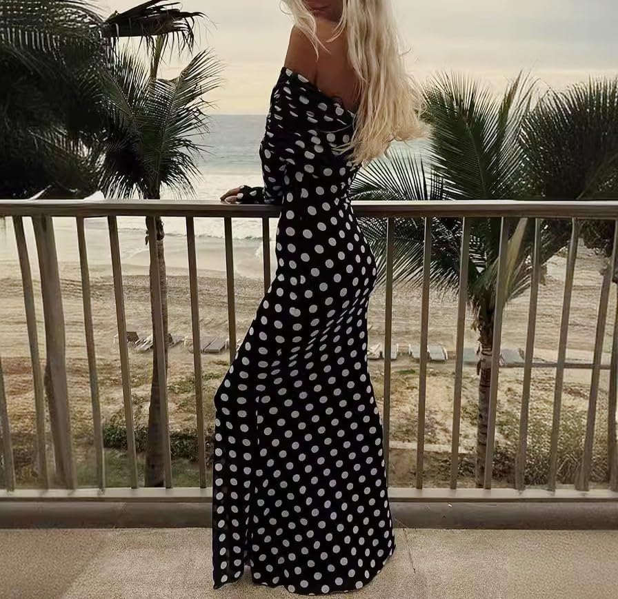 Polka Dot Maxi Dress for Women Long Sleeve Off The Shoulder Maxi Dresses Sexy Mesh Party Dress Going Out - Image 4