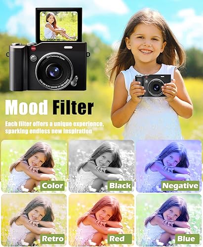 Miniatura 2 de Cámara digital para niños de 64MP 1080P con pantalla abatible de 32 GB, tarjeta SD de juguetes para niñas de 3 a 12 años de edad y regalos Negro