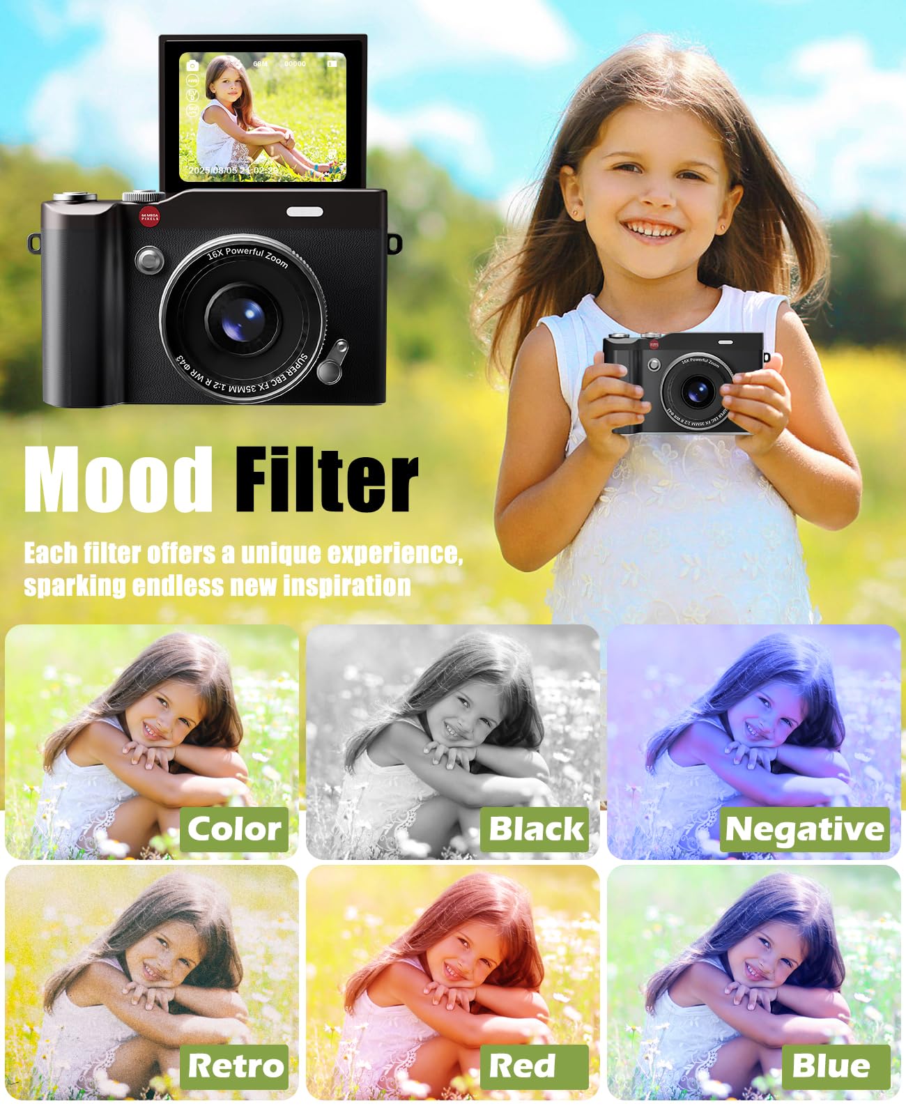 HEYMAO Children’s Camera 2.4" Flip Screen 64MP 1080P with 32GB SD Card Kids Digital Camera for Boys and Girls Toys 3-12 Years Old - Image 3