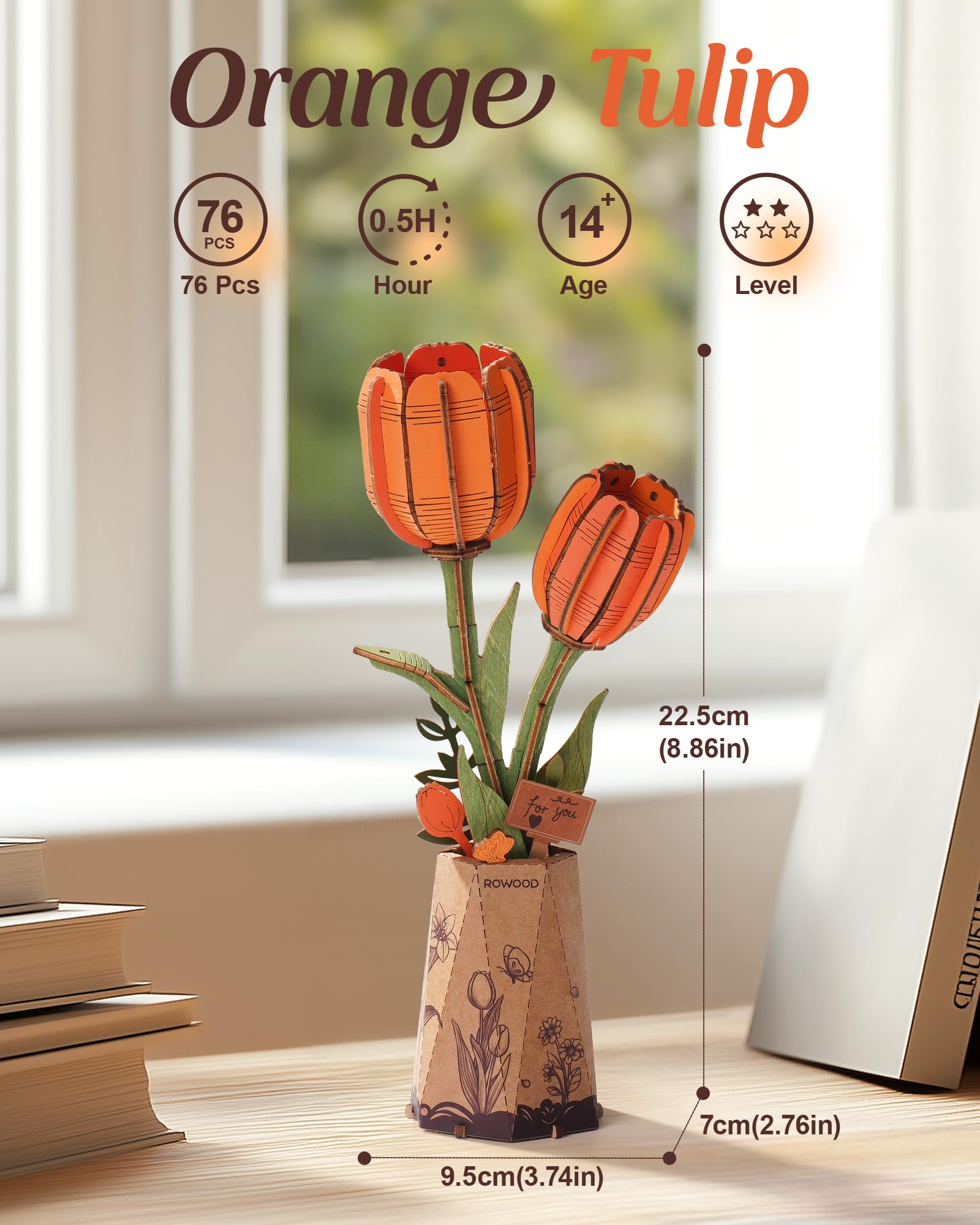 rowood 3D Puzzle DIY Wooden Flower, Artificial Flowers Model Kits to be Assembled - Image 4