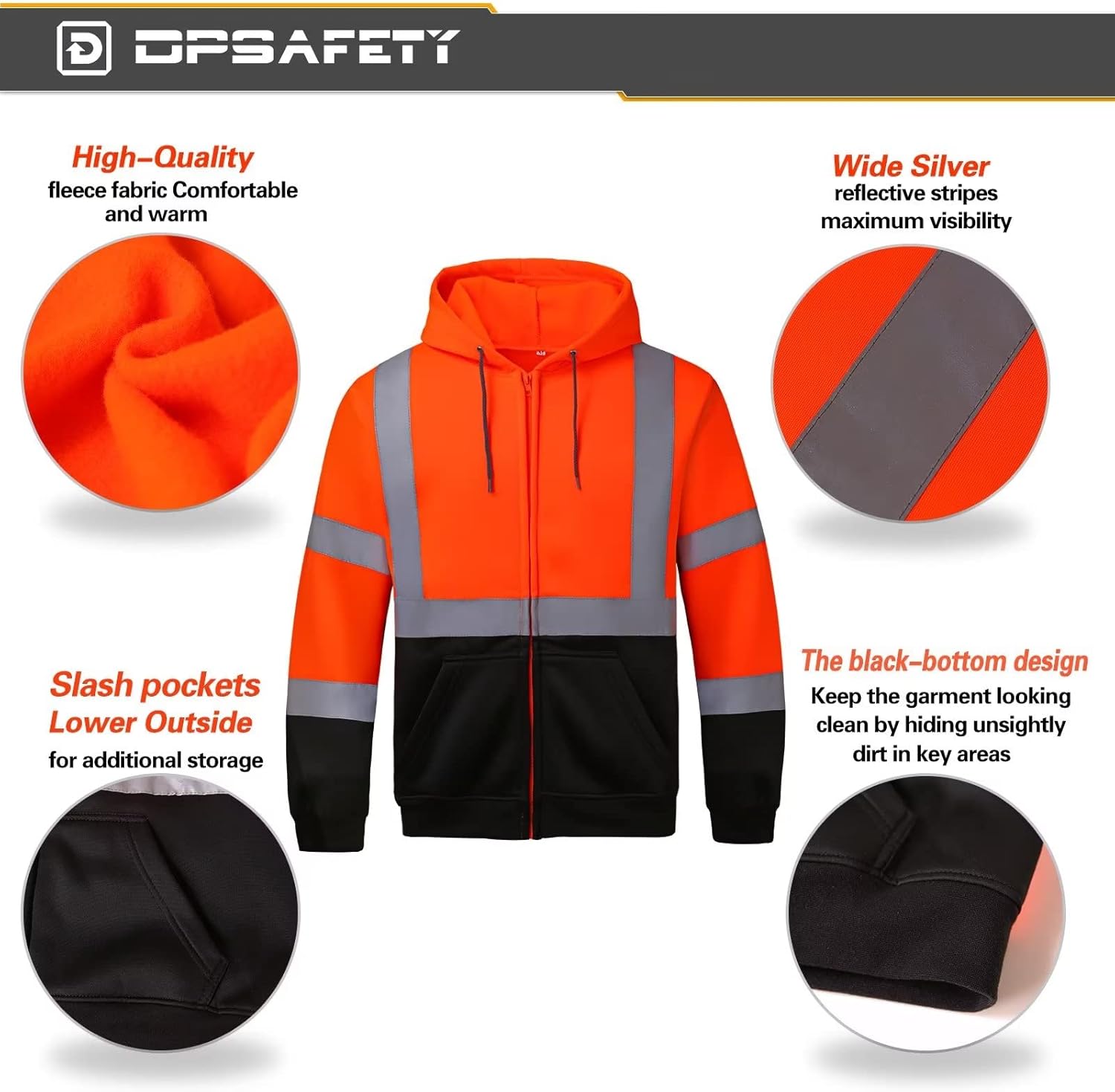 High visibility Hoodie for Men,Class3 Hi Vis Hoodie with Zipper,Reflective Hooded Hood,Construction work Safety Sweatshirt with Large front Pocket for Men/Women Black Bottom XL
