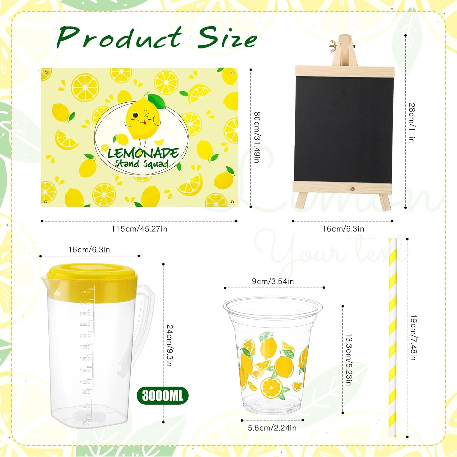 Bokon Lemonade Stand Supplies Include 100 Pcs Cups with Lids and Paper Straws, Tablecloth, Pitcher, Wooden Blackboard, Lemonade Stand Decorations Table Cover(Cute)
