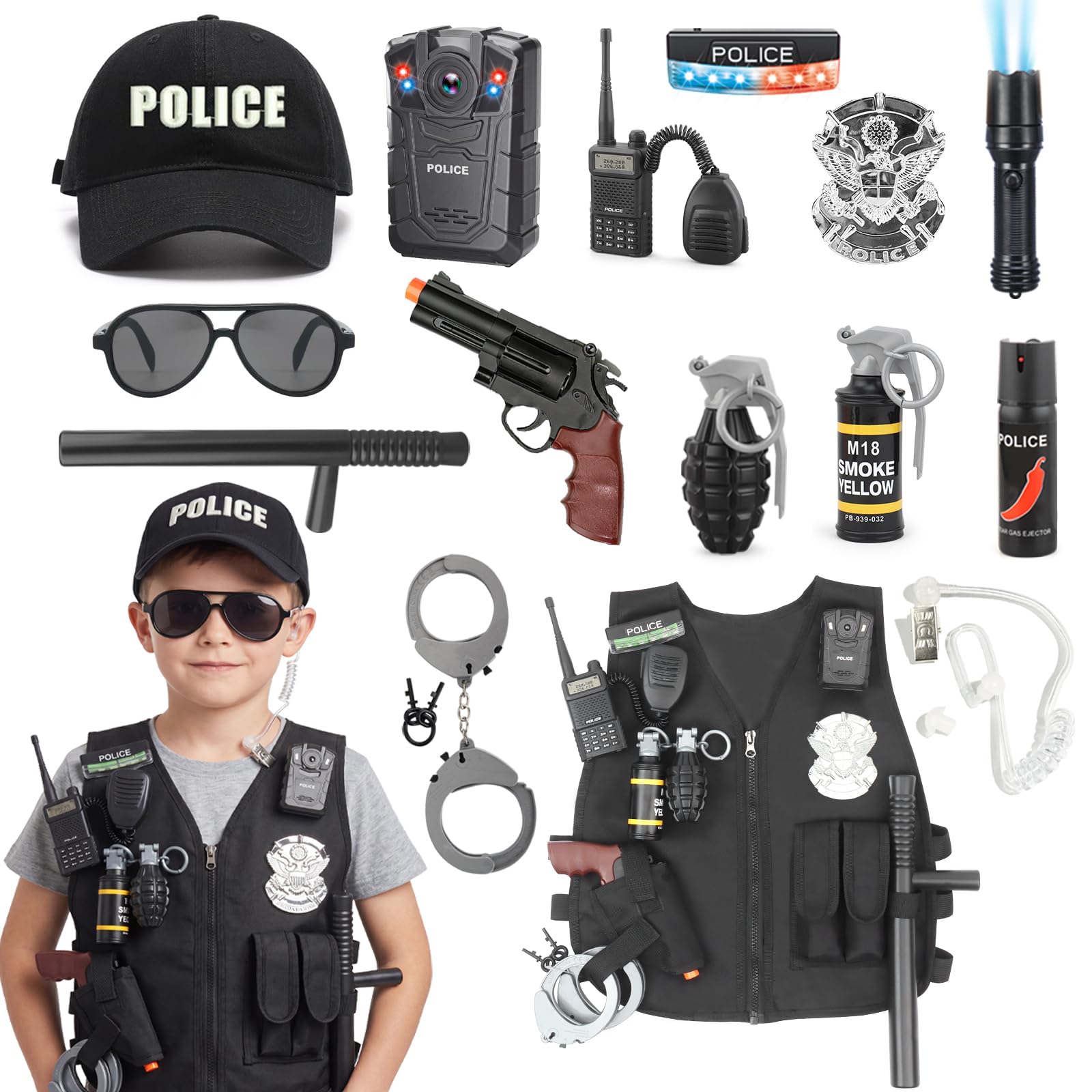 Costume da polizia per bambini con 16 accessori, set da polizia per bambini con gilet della polizia, radio, manette, costume da poliziotto, gioco di ruolo, giocattolo per ragazzi e ragazze, regalo di