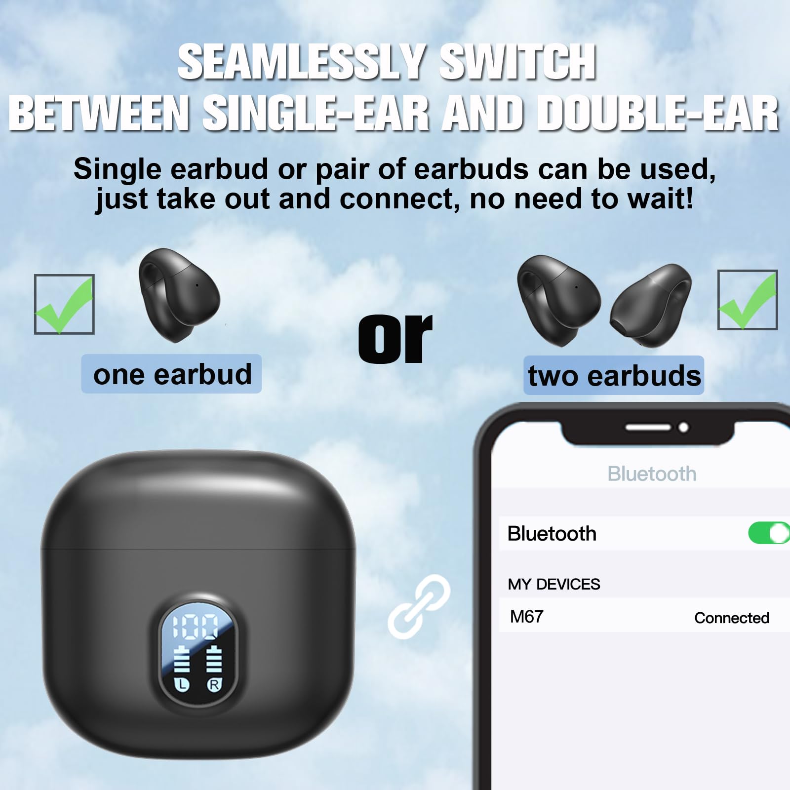 Open Ear Clip-On Bluetooth Headphones - IPX5 Waterproof, Secure Fit For Running & Gym