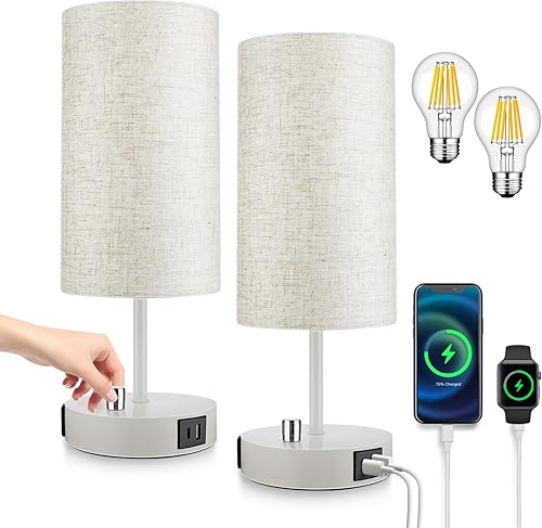 Miniatura 13 de Juego de 2 lámparas de mesita de noche regulables sin escalones, luces de mesita de noche para dormitorio con puertos de carga USB A+C y salida de