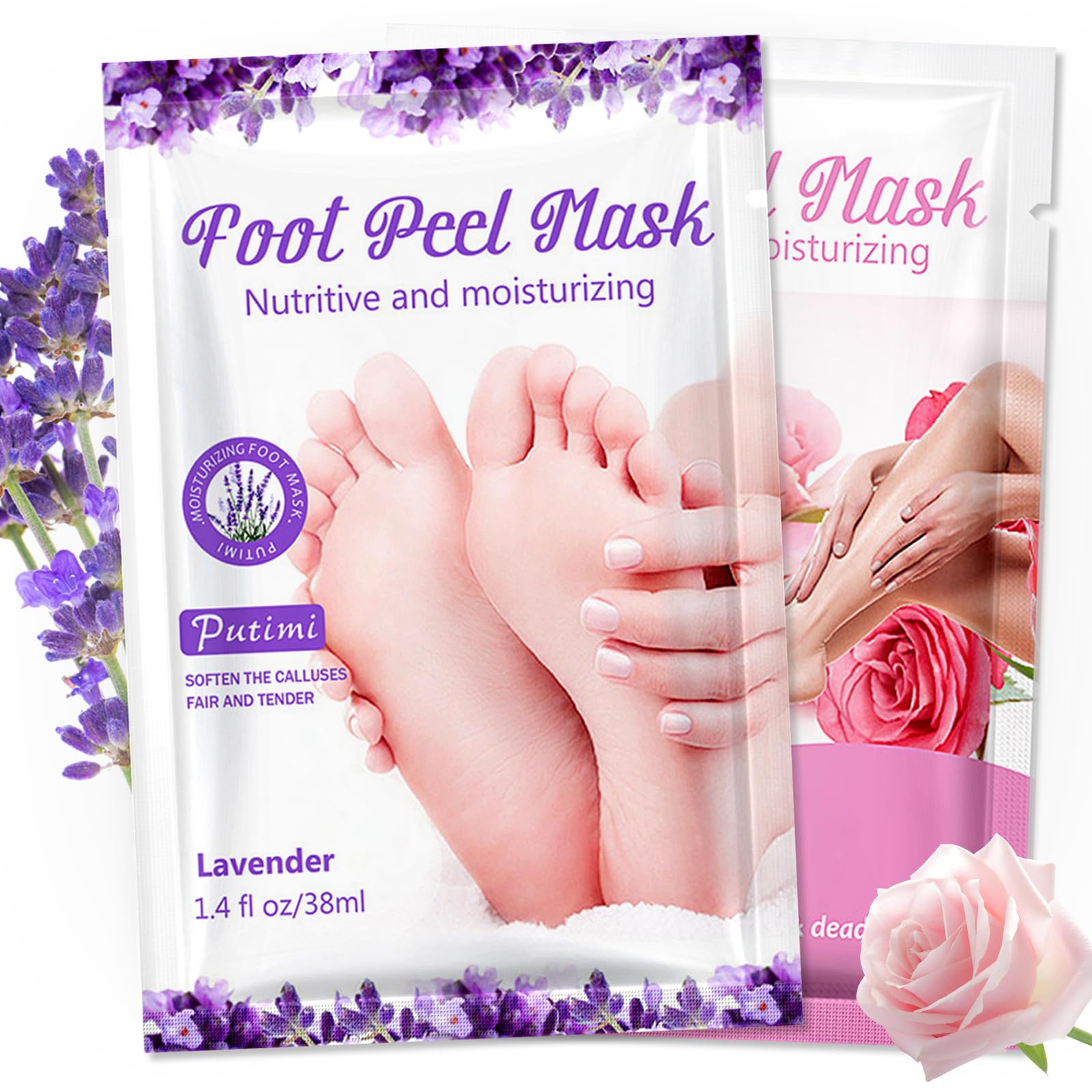 2 Pares Mascarilla Pies Exfoliante, Máscara Pies Peeling, Quitar Piel Muerta y Callos, Pedicura para Pies para Mujeres y Hombres (Lavanda+Rosas)
