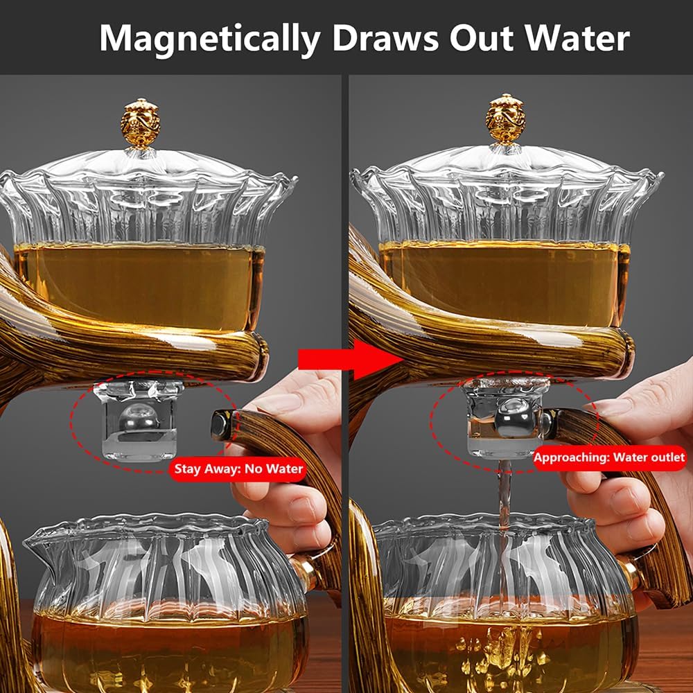 Lazy Kungfu Drip TeaPot, Heat Resistant Tea Set, Semi-Automatic Glass Teapot Suit for Magnetic Water Flow Wooden Glass Teapot Set with Cups (Red Maiden)
