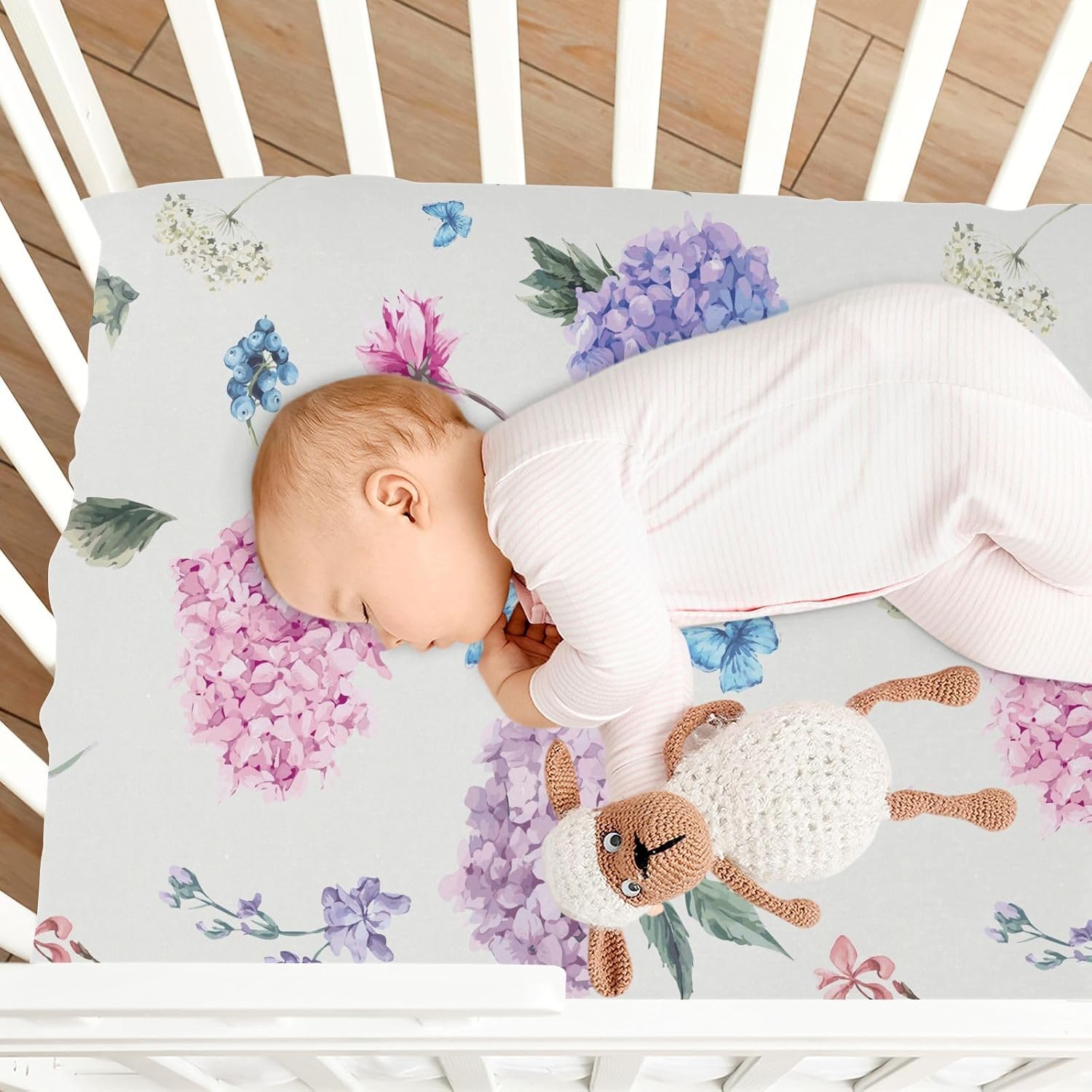 Fitted Crib Sheets Hydrangea with Butterflies Stretchy Portable Playard Sheets for Baby Toddler, Breathable Soft Mini Crib Mattress 52 x 28 in for Boys and Girls