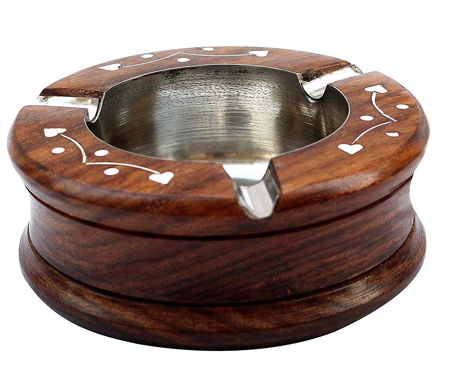 Jtku Handicraft01 Handmade Beautiful Designer Round Shaped Wooden Ashtray with Inlay Work Ashtray for Cigarettes and Smoking Home, Office, Garden, Gift Use (10x10x3) (Brown)-picture-19