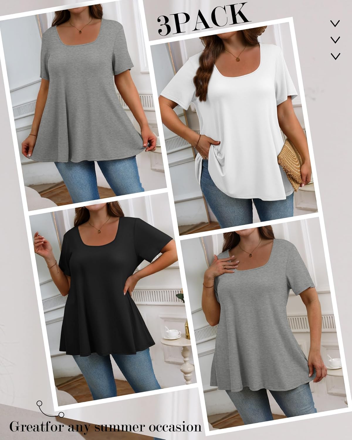 3 Pack Plus Size Tops for Women Casual U Neck A Line Top Short Sleeve Loose Fit Flowy Shirts Tunic Blouses XL-5XL - Image 2