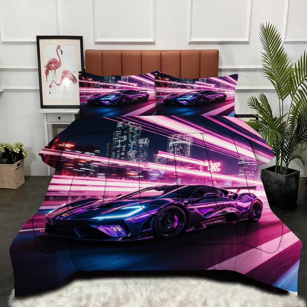 Couette 160x200 cm voiture de sport 3D pour lit célibataire avec 2 taies d'oreiller