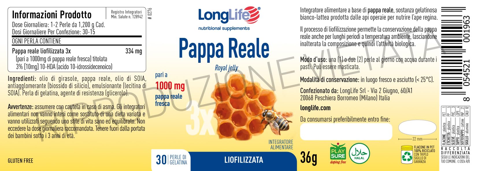 LongLife® Pappa Reale | Liofilizzata | Titolata al 3% in 10-HDA | 1000 mg di pappa reale fresca per perla | Antiossidante | Fino a 1 mese di trattamento | Senza glutine e doping free