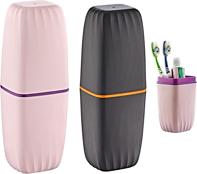 Salarot Toothbrush Holder Travel Case, Multi-Purpose Portable box, Toothbrush Cover , Suitable for Business Camping Travel or Daily Use, Bathroom Storage Containers, Pink and Anthracite 2 Pcs