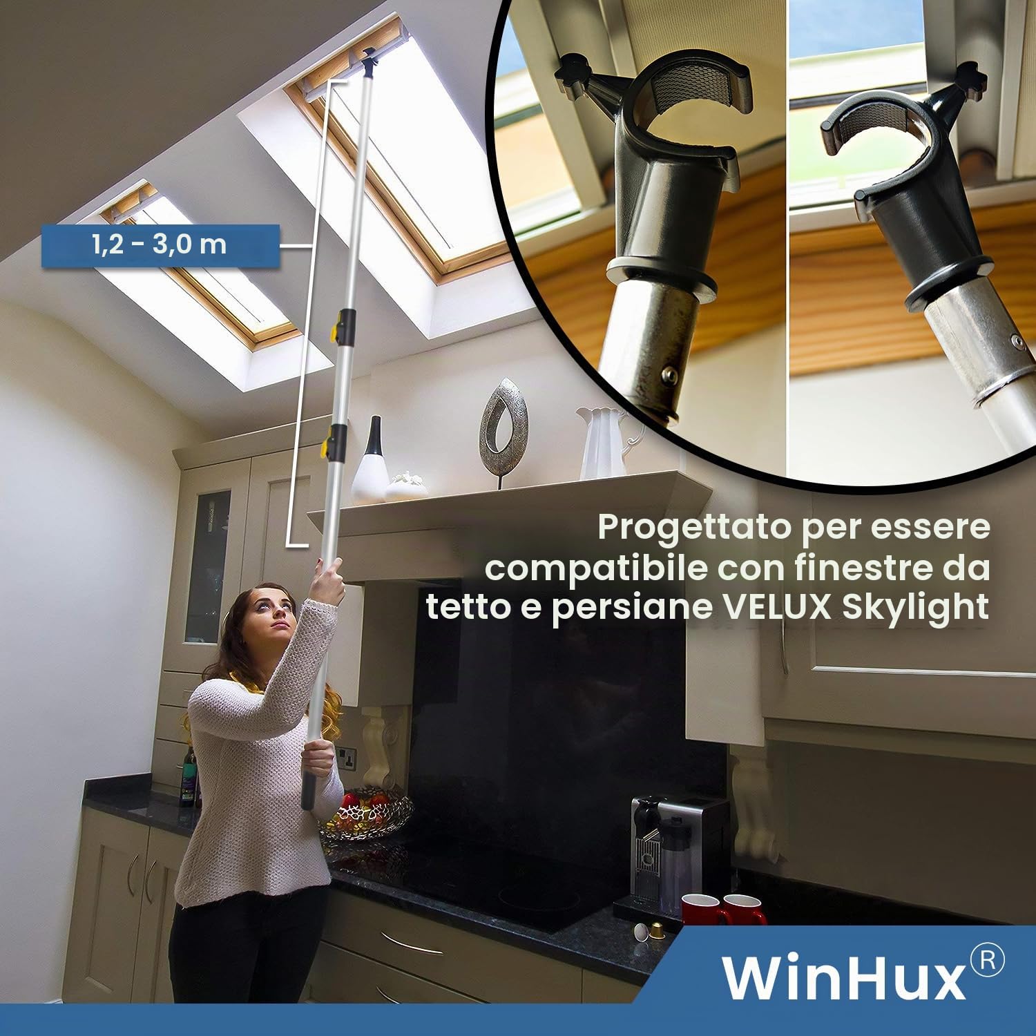 WinHux Asta Telescopica per Velux 1,2-3,0 m – Bastone Apri Finestre con Blocco a Pulsante e Gancio Antiscivolo, Compatibile con VELUX, Keylite, Fakro, Rooflite
