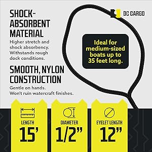 DC Cargo Mall Boat Dock Lines (4 Pack) 1/2 X 15' Double Braided Boat Ropes for Docking with 12" Eyelet. Marine Grade Nylon Material & Damage Resistant Line Fibers for Secure Docking